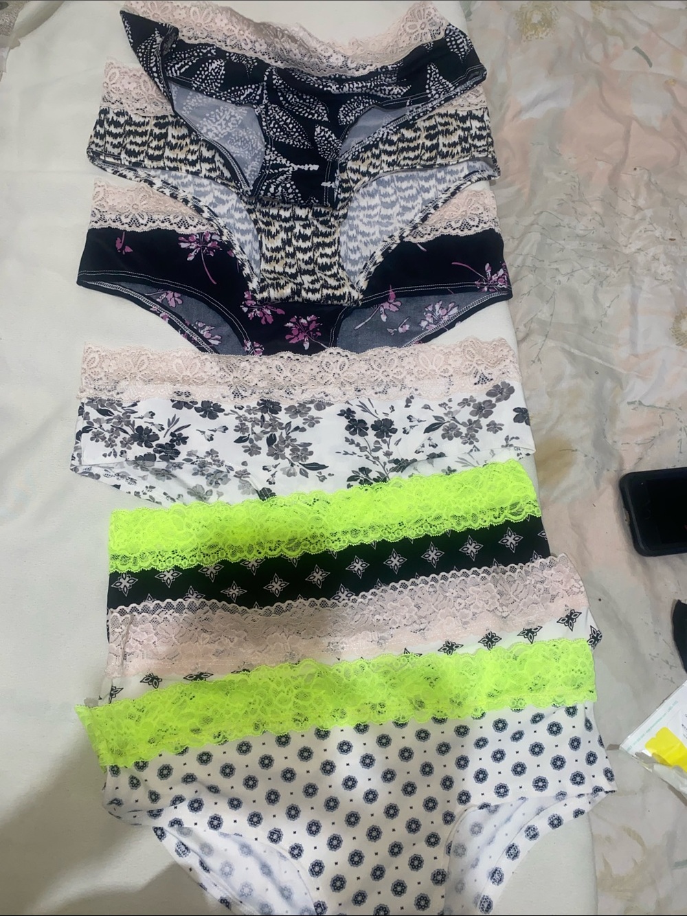 Lace-Trim Cotton Bikini Panty Set - Black, White & Neon Yellow Accents